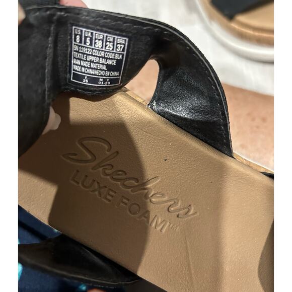 Skechers Luxe Foam Sandals Size 8 Boho Cork Wedge Heel Black Stretchy Straps - Picture 3 of 9